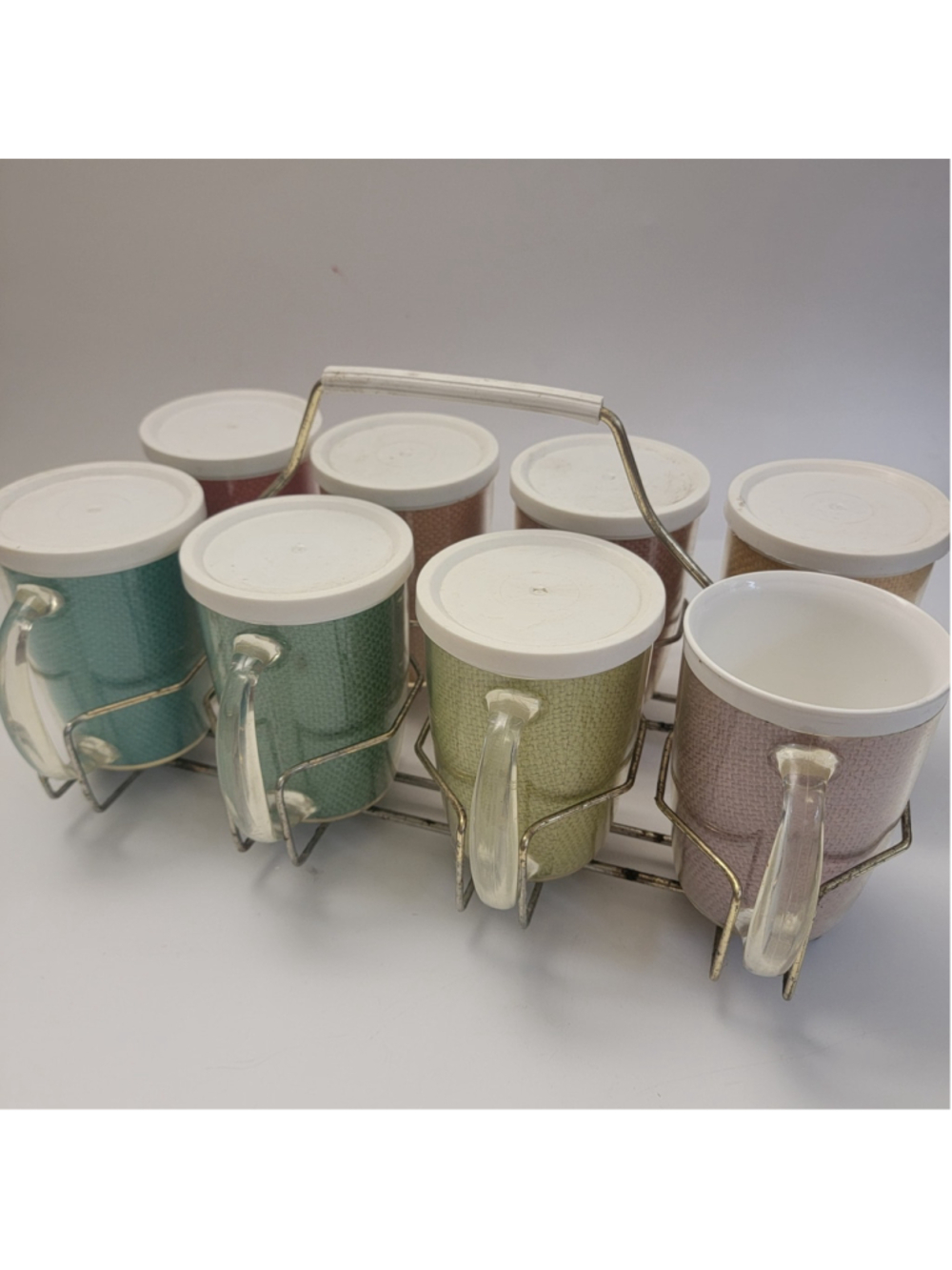 Vintage Mid Century Raffiaware Insulated Mugs Set of 8 Caddy Lids Pastels